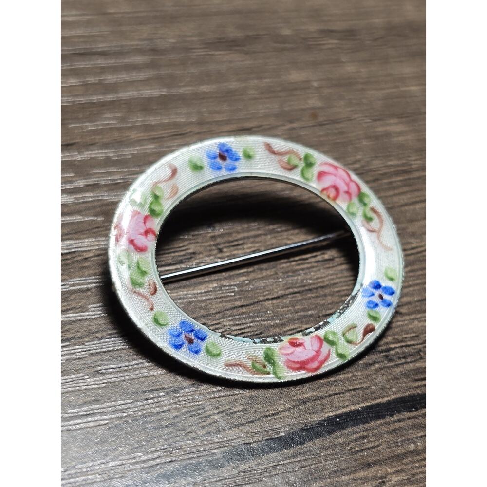 Vintage Lamode Sterling Silver Enamel Guilloche Flower Floral Pin Brooch white